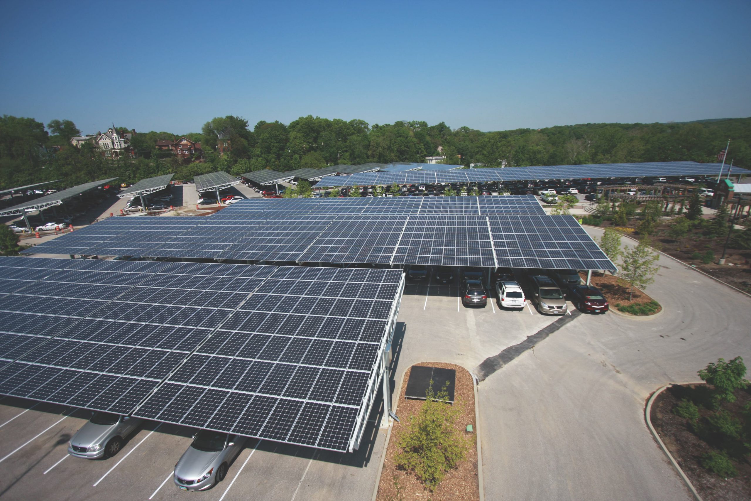 solar panels installed on car parking structures on a sunny day