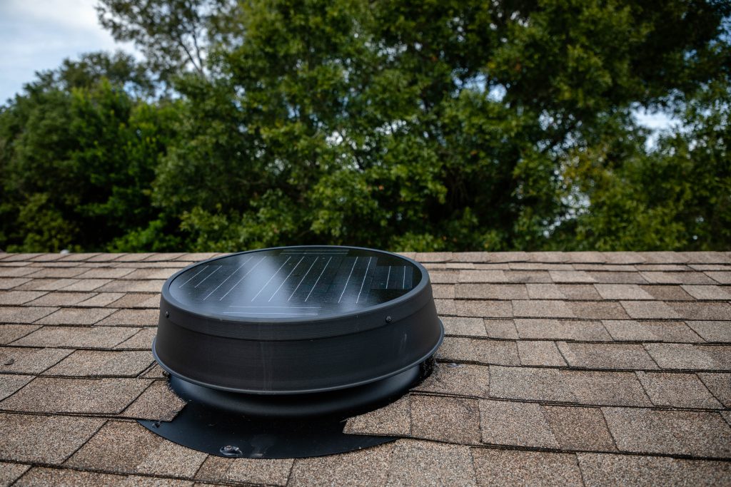Solar attic fan installed on roof