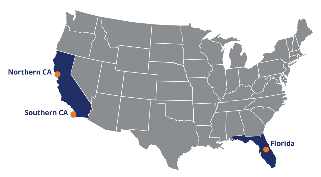 Mapa de Estados Unidos con la distribución de UMA en CA y FL